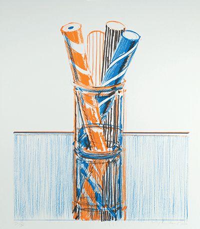 ALL ROLLED UP — The various tubes of wrapping paper capture aspects of dimension in the piece. The various subjects used by Thiebaud create a diverse and interesting collection. 
