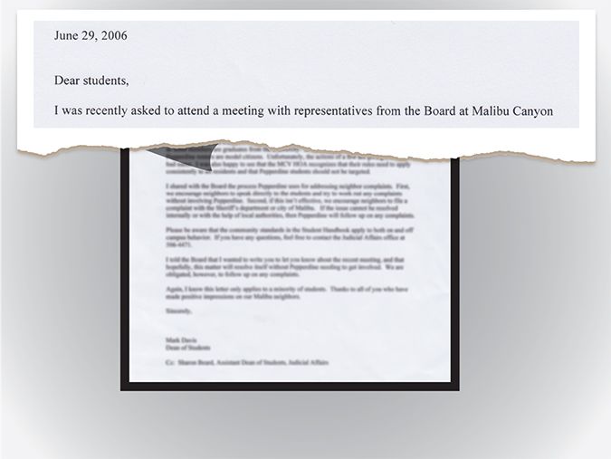 June 29, 2006 //  The 2006 letter sent from Dean of Student Affairs Mark Davis. The initial words are: “I was recently asked to attend...” 