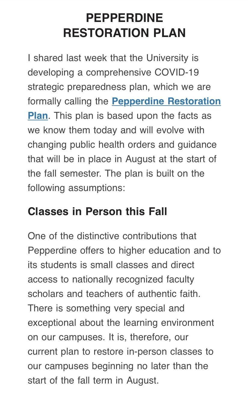 This is a screenshot of the university-wide email sent to the Pepperdine community Friday afternoon.