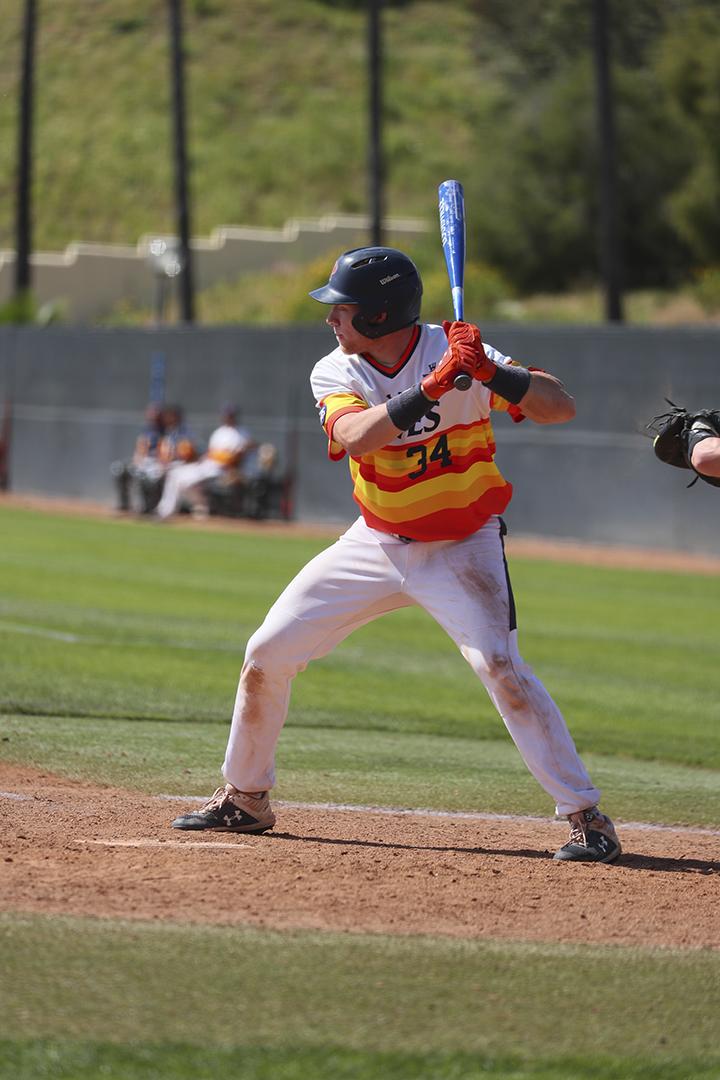 Infielder Justin Lutes awaits a pitch in a 2020 game at Eddy D. Field Stadium. Lutes hit .328 for the Waves in the shortened 2020 season. Photo courtesy of Pepperdine Athletics