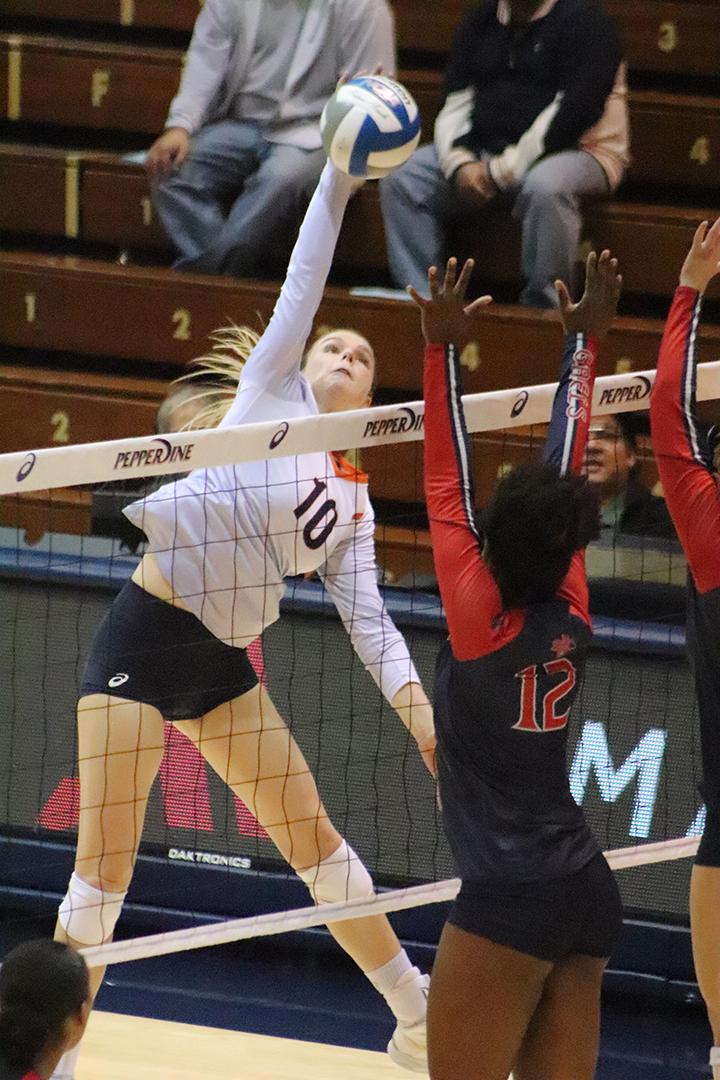 Senior outside hitter Shannon Scully takes a swing against a Saint Mary University blocker during a Nov. 14, 2019, game at Firestone Fieldhouse. Scully is one of only four women's volleyball players who planned to live off campus this year, so many of her teammates will not be in Malibu. File photo