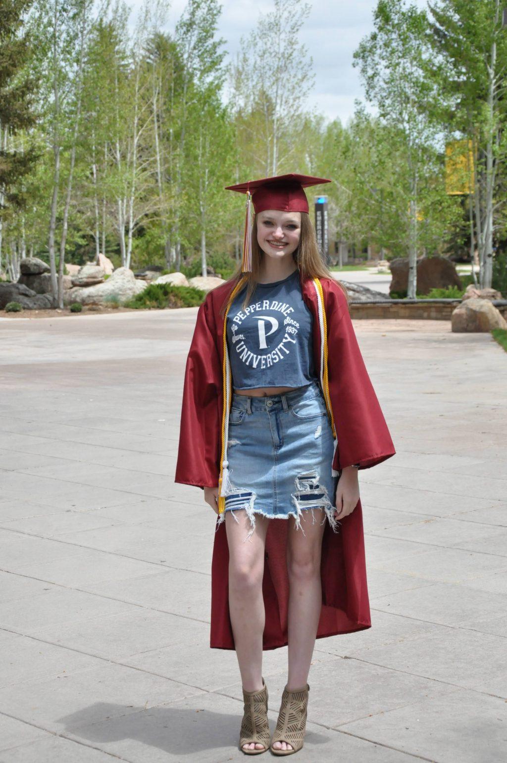 Douville commemorates the day of her graduation in May by taking photos on the University of Wyoming campus. She said she looks forward to joining various clubs and organizations at Pepperdine.