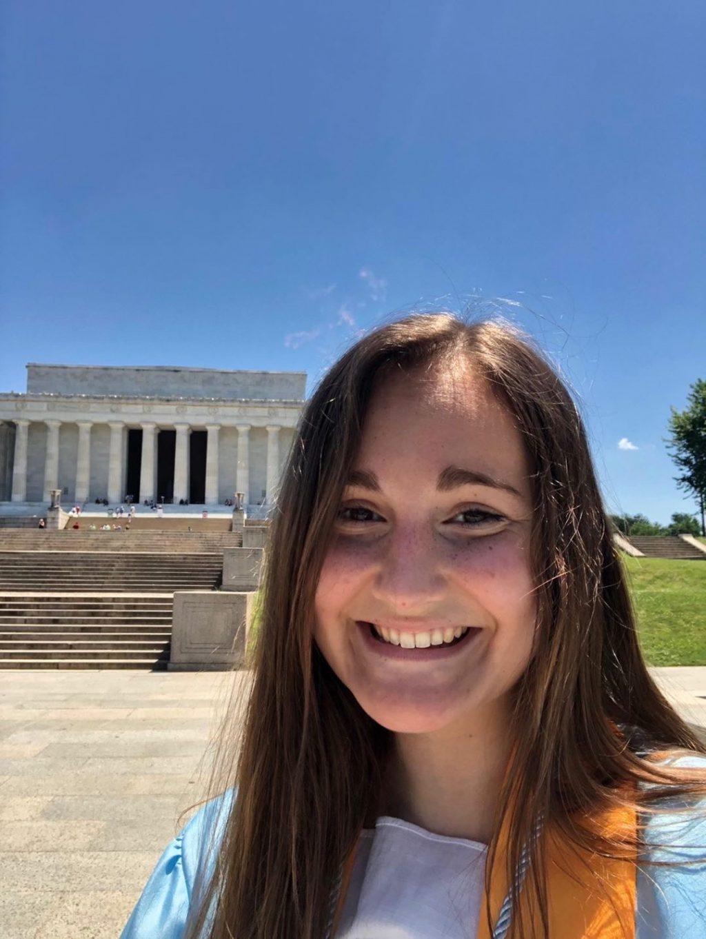 Henshaw smiles in front of the Lincoln Memorial in Washington, D.C. When she gets to Malibu, she said she is thrilled to spend time at the many beaches near Pepperdine.