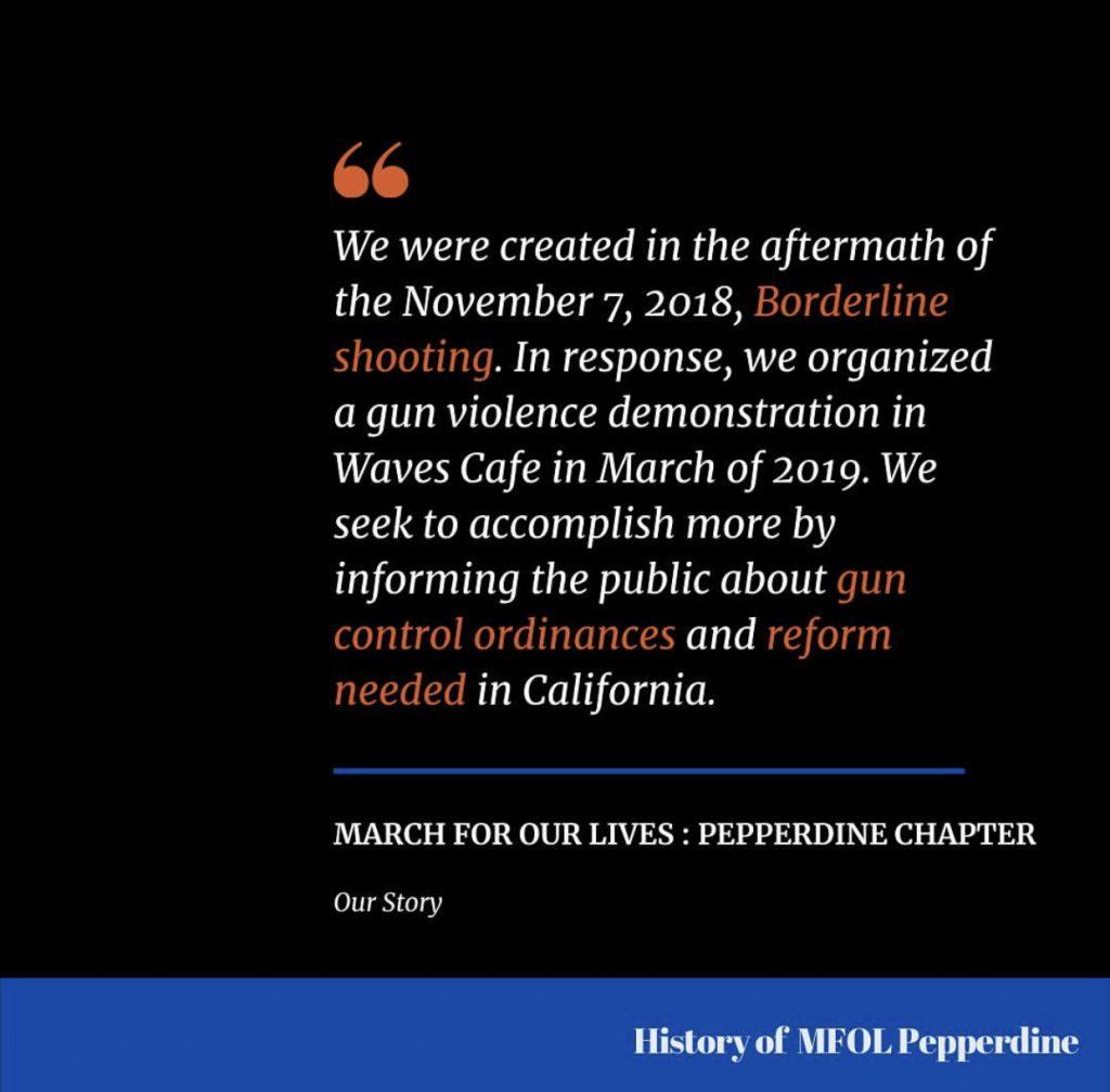 March for Our Lives Pepperdine utilizes its social media platform to raise awareness for gun violence in America, such as this Oct. 21 post from their Instagram. Four students created a Pepperdine chapter in August. Photo courtesy of March for Our Lives Pepperdine
