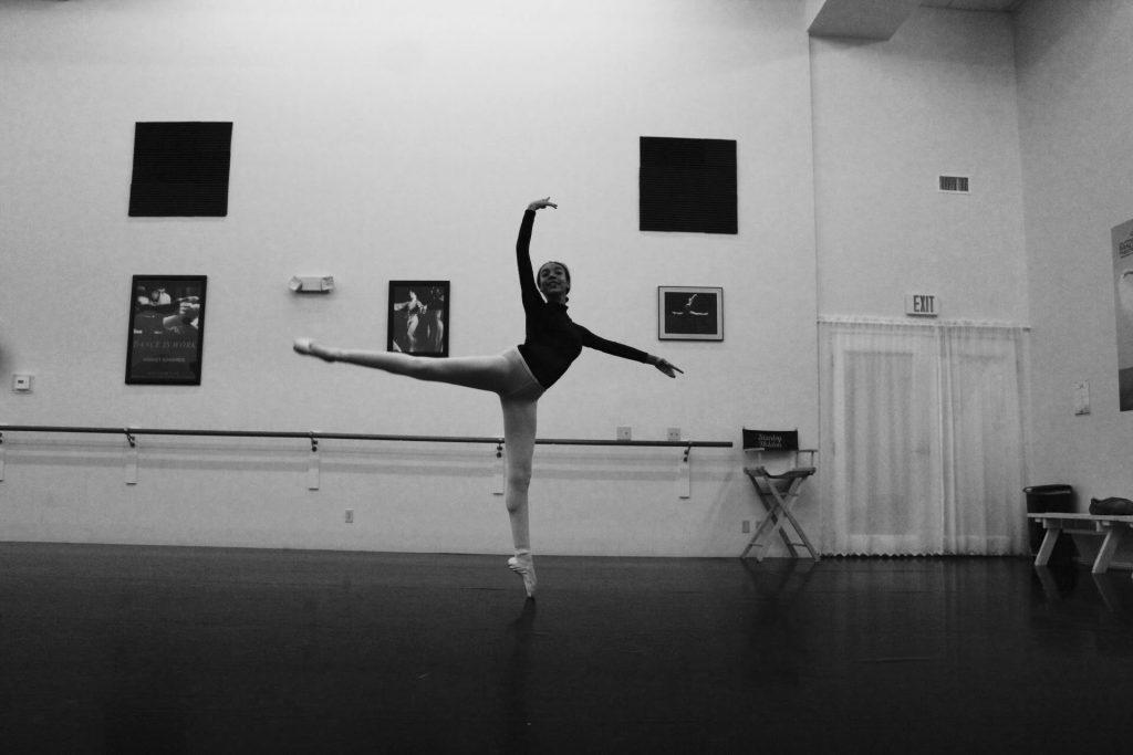 Stevens holds an arabesque at her dance studio in Westlake Village, CA, in February 2019. She said she moved to the Malibu campus for the spring semester and has enjoyed her new independence.