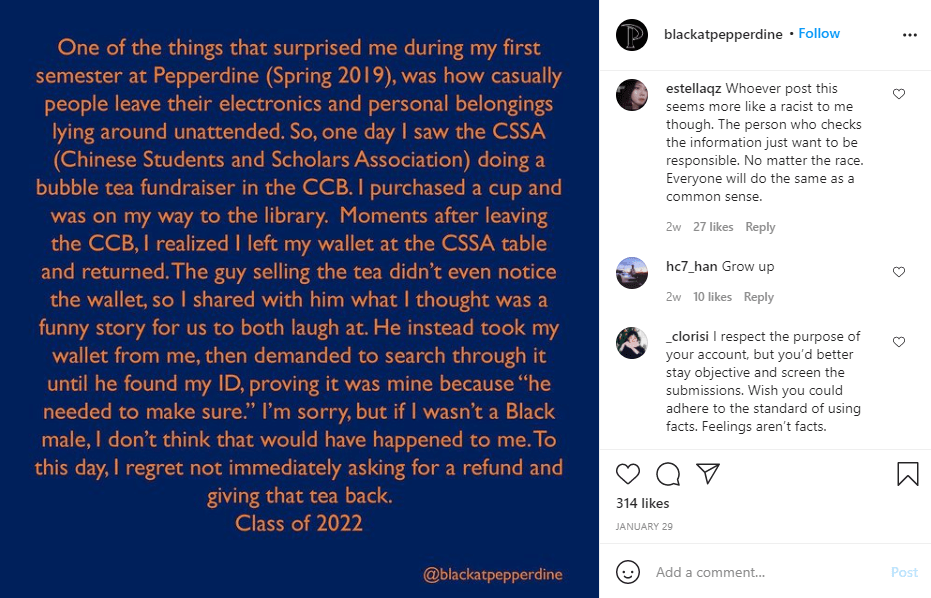 A screen shot of the Instagram post tells why this Black student felt offended by the member of CSSA. This post caused some controversy regarding racism and xenophobia.
