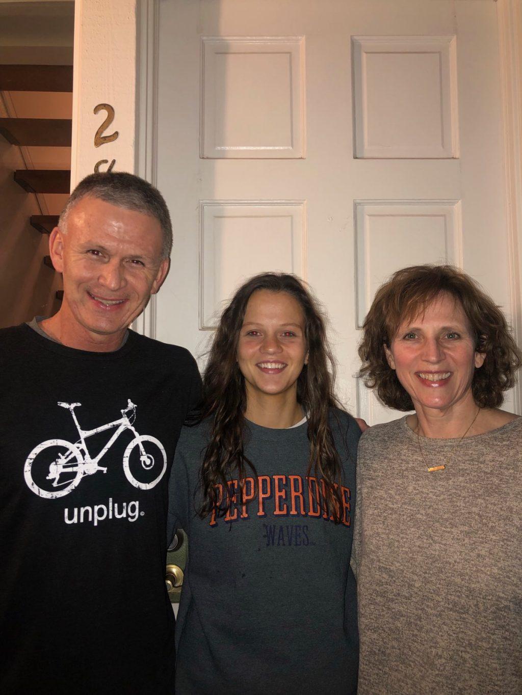 First-year Mary Paige Rowsey stands in between her parents, Perrin and Catherine, after they moved her to Malibu in February. Rowsey was able to move to Malibu for the spring 2021 semester after studying from home in the fall. Photo Courtesy of Mary Paige Rowsey