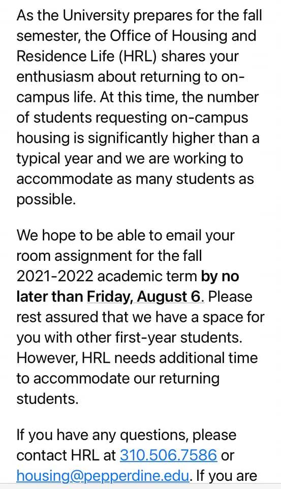 An HRL email sent to first-year students and parents details the challenges Pepperdine faces with housing lower-level students for the fall semester. Pepperdine expects between 1,100 and 1,200 new students in the fall. Screenshot courtesy of the Class of 2025 Parents Facebook group