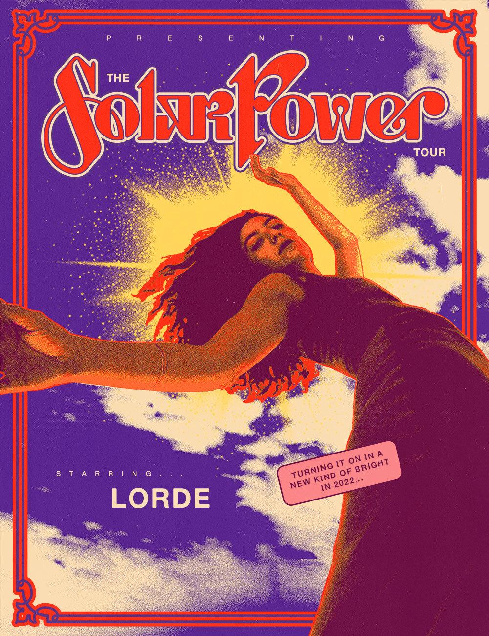 Lorde sways underneath the beaming sun in her psychedelic-styled tour poster. On June 21, Lorde announced her third tour, "The Solar Power Tour," which will begin February 2022 in Christchurch, New Zealand. Photos courtesy of lorde.co.nz