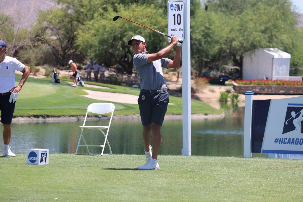 Then-sophomore Dylan Menante follows through his golf swing in the championship match in Scottsdale, Ariz., on June 2. Pepperdine defeated University of Oklahoma to claim the NCAA title.