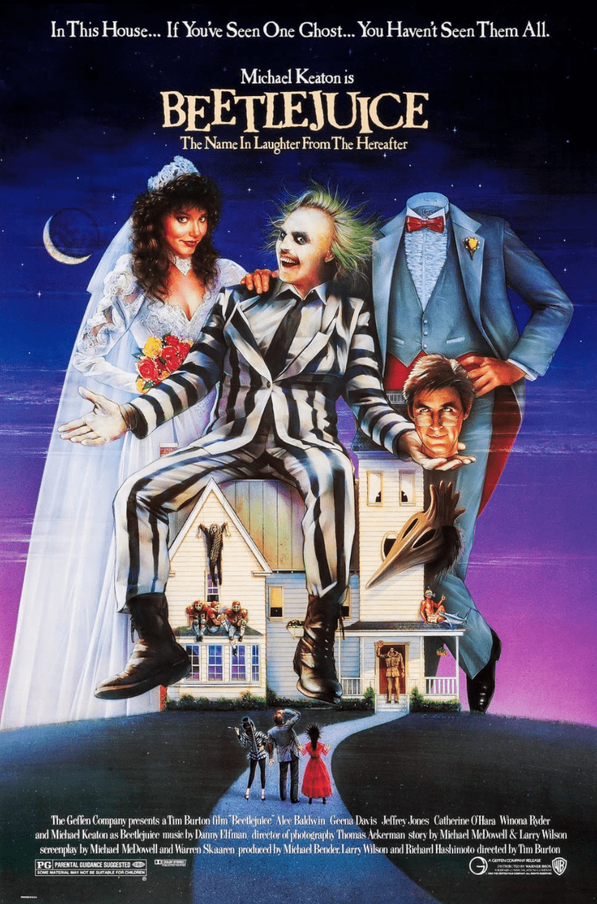 The poster for "Beetlejuice" shows the titular character and the two ghosts in the film sitting on the house as the family approaches. "Beetlejuice" is a quirky and dark comedy, and this poster reflects those aspects of the story. Photo courtesy of The Geffen Company