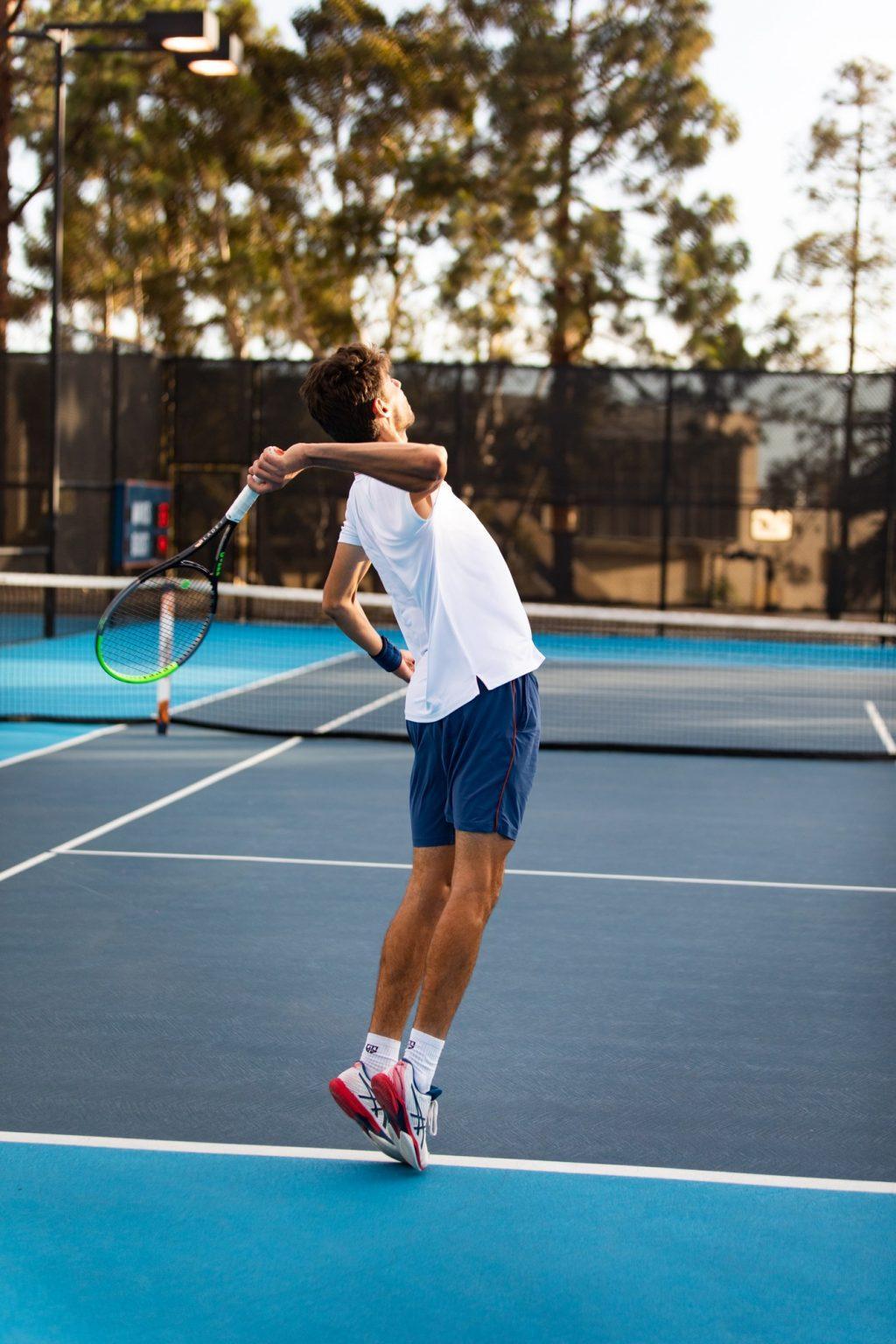 Sophomore Pietro Fellin hits a serve during the ITA Southwest Regional Championship. Fellin lost in the final of the tournament to teammate Andrew Rogers.