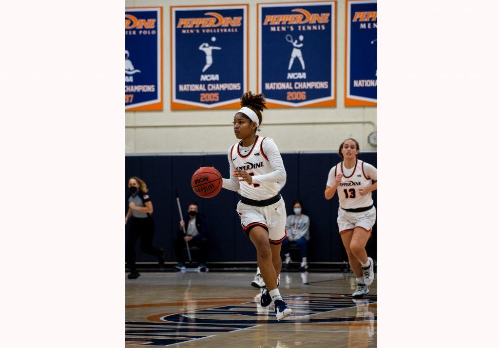 Senior guard Cheyenne Givens dribbles the ball up the court versus Gonzaga on Jan. 27. The team shot 41.2% but was unable to secure the win.
