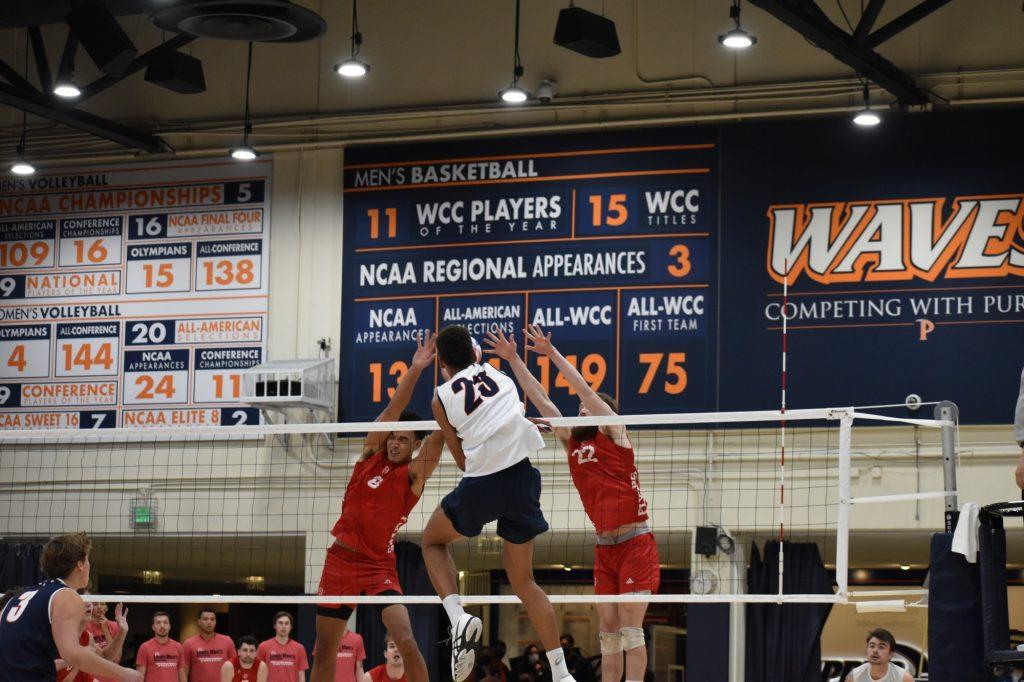 Pepperdine graduate student outside hitter Jaylen Jasper spots a weakness in the Lewis defense. Jasper finished the game with 15 kills on a .370 clip. Photo by Mary Elisabeth