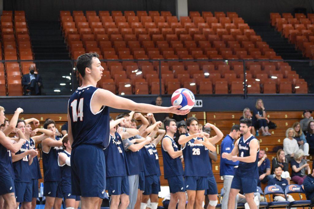 Senior outside hitter Ben Weinberg sets up a jump serve  . Weinberg contributed 11 kills in Pepperdine’s 3-0 sweep against Northridge. Photo by Mary Elisabeth