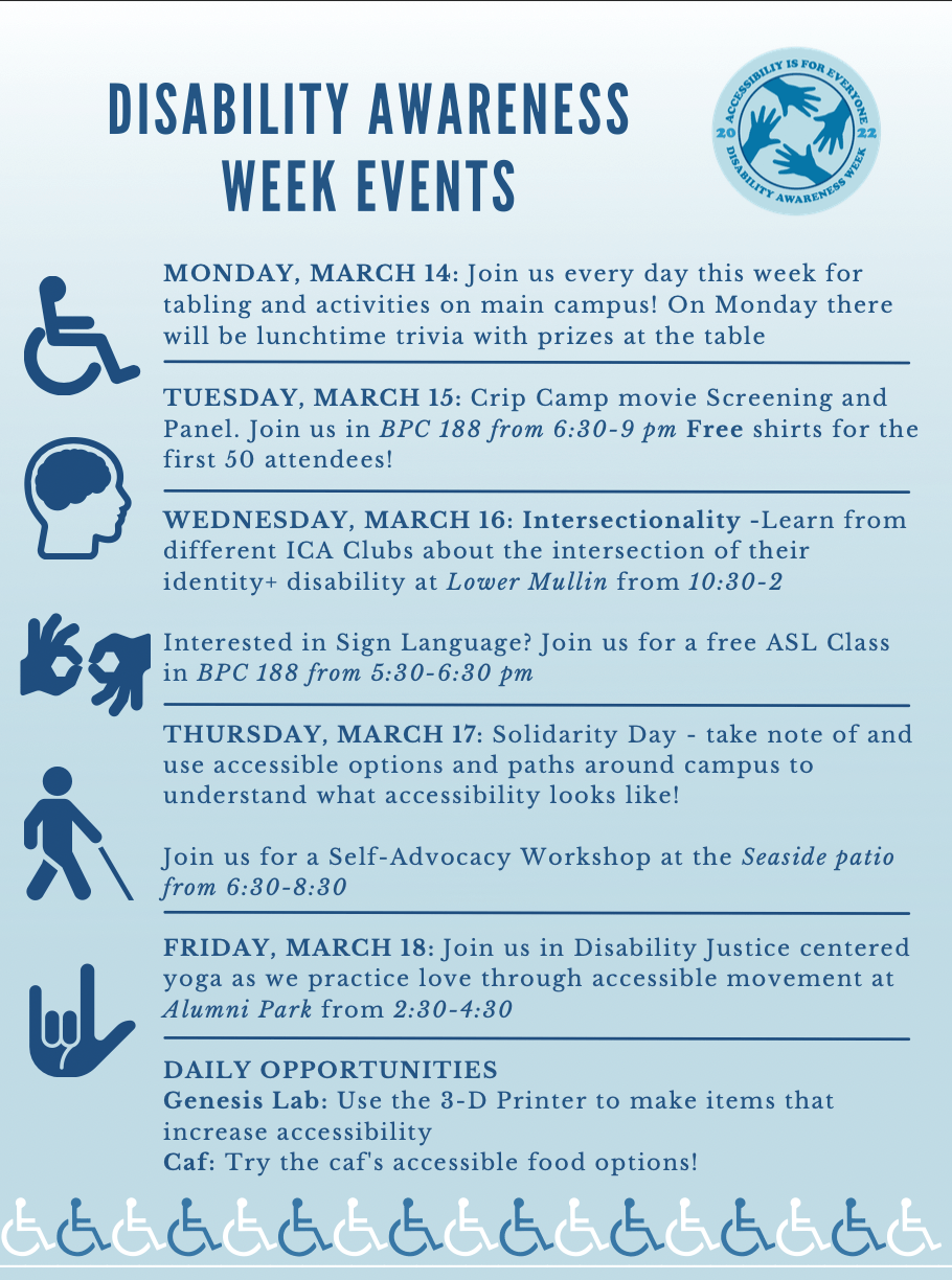 Overview of events for Disability Awareness Week. OSA is hosting Disability Awareness Week to educate and spread awareness about disabilities to the Pepperdine community. Graphic courtesy of Emily McNutt