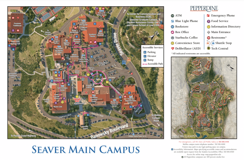 A map of accessible routes on Pepperdine's Malibu campus. OSA is challenging students to only use these accessible routes March 17 for Solidarity Day. Photo courtesy of Office of Student Accessibility's website