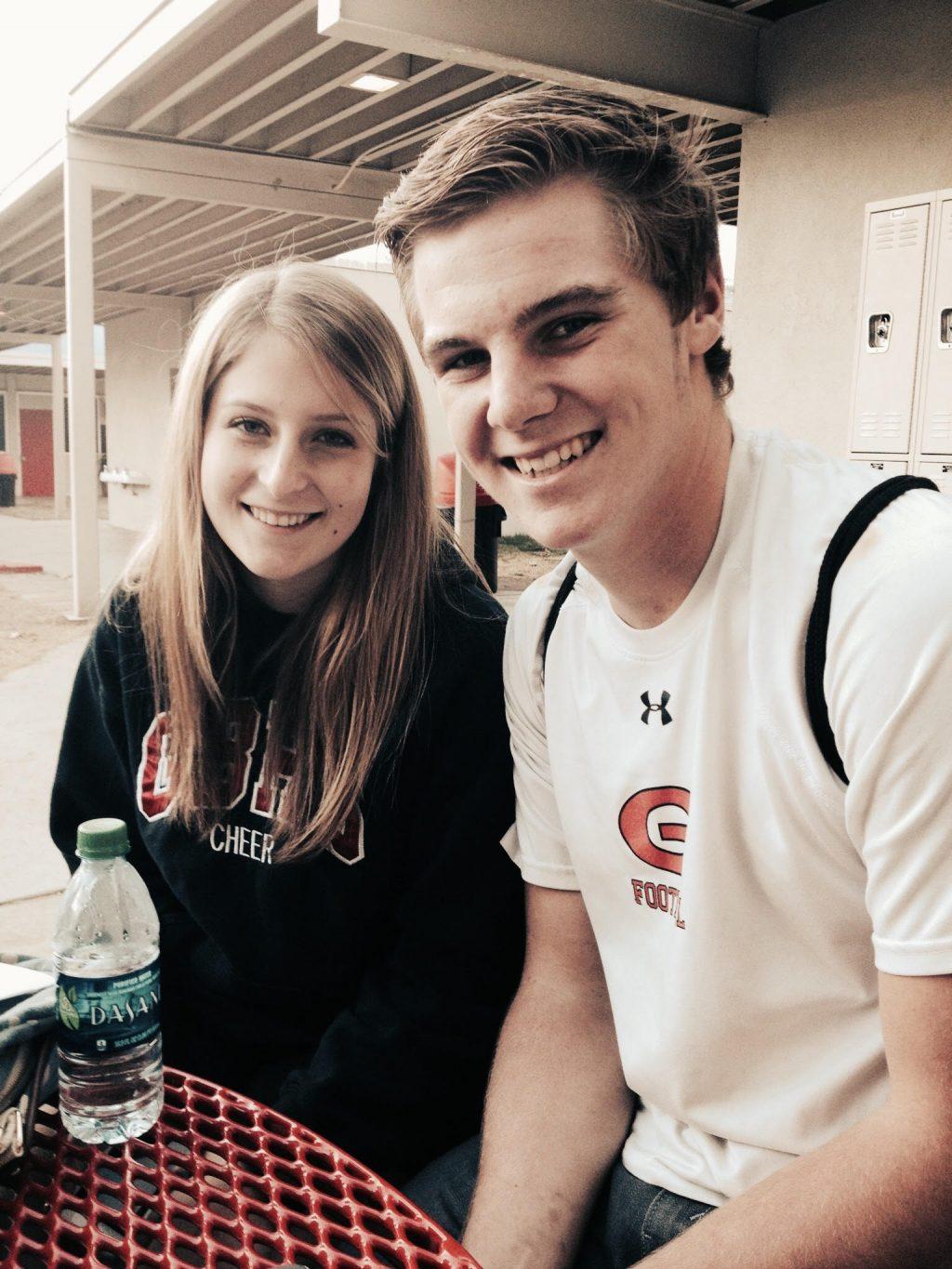 Maya and Hunter sit outside at Grace Brethren High School in Simi Valley, Calif., in 2013. The couple started dating during their sophomore year of high school.
