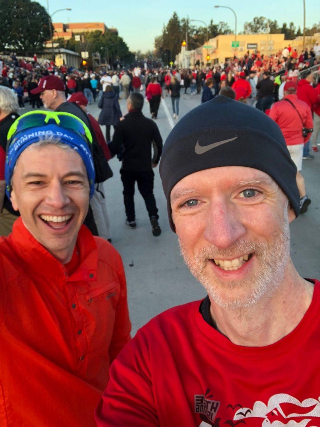 Left, Bradley Griffin, Fine Arts divisional dean, and right, Al Sturgeon, former Caruso School of Law dean of students and dean of Graduate Programs, pose together at a race in Pasadena, Calif. Photo courtesy of Al Sturgeon