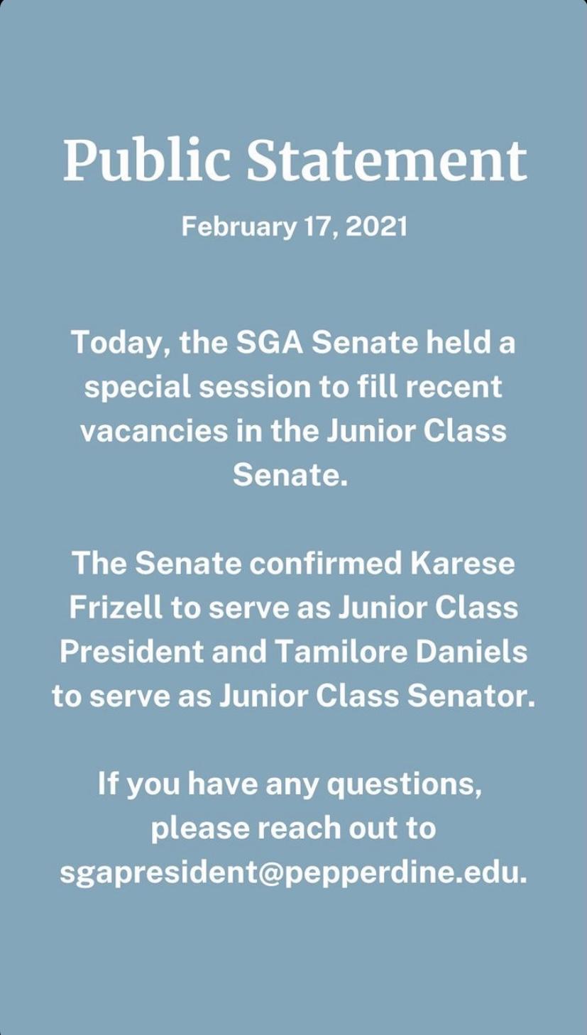 Pepperdine SGA announces the new senate roles by posting a public statement on their Instagram story after the meeting. SGA met on Feb. 17 to appoint the new positions to the committee. Photo courtesy of Pepperdine SGA