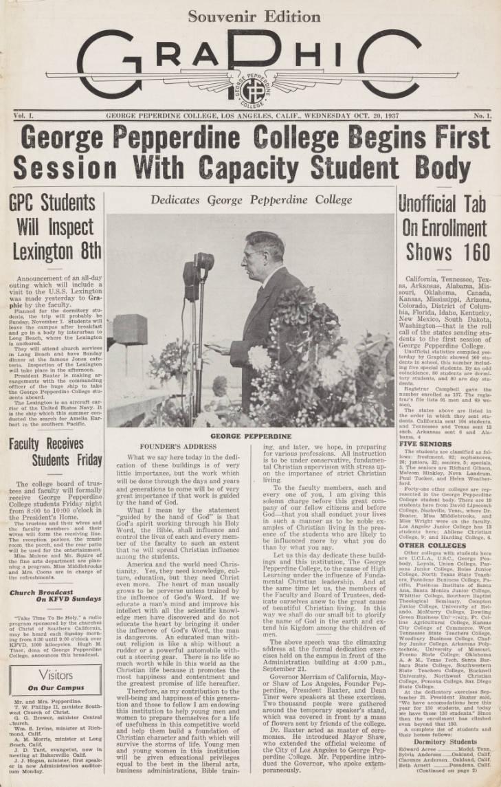 The front page of the Graphic's first edition, published Oct. 1937, covers the launch of George Pepperdine College's first semester. The Graphic is Pepperdine University's oldest student organization and has evolved since then, while staying true to its original mission to inform the Pepperdine community. Photo courtesy of Pepperdine Libraries Special Collections and University Archives