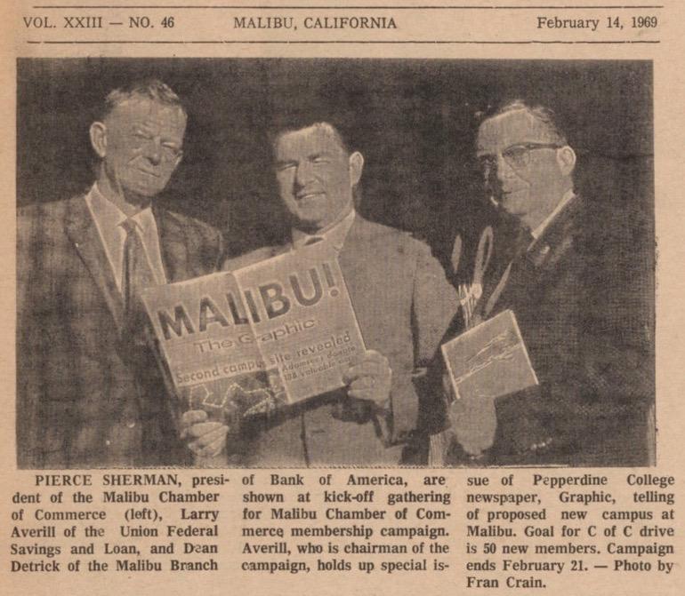 In its 46th edition, published Feb. 14, 1969, The Malibu Times features a photo of Larry Averill of the Union Federal Savings and Loan holding a special issue of the Graphic, which tells of Pepperdine's proposed new Malibu campus. The Graphic relocated to the Malibu campus in 1972, which prompted students in Los Angeles to form the Inner View. Photo courtesy of The Malibu Times