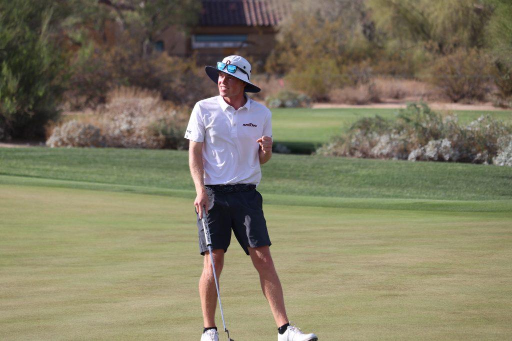 Pepperdine junior Joe Highsmith pumps his first on the 15th green during Wednesday's national championship match against Oklahoma. Highsmith defeated Oklahoma's Garett Reband 4-and-3.