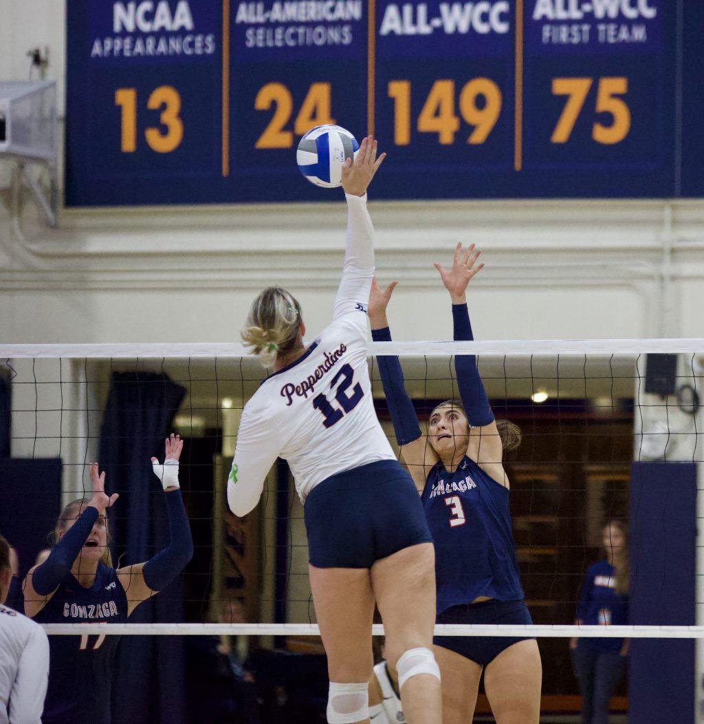 Junior middle blocker Meg Brown hits the ball past the Gonzaga block in the Waves' 3-0 victory Sept. 27. Brown led the Pepperdine offense with 12 kills.