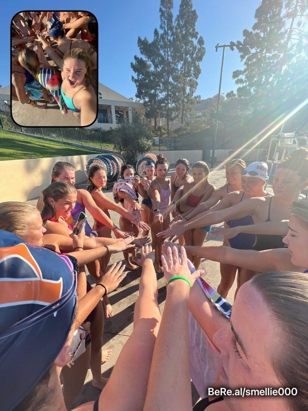 The Swim and Dive team at Pepperdine wins their conference meet. Jenna Sanchez captured her BeReal after the win, as all the girls put their hands together in celebration. Photo courtesy of Jenna Sanchez