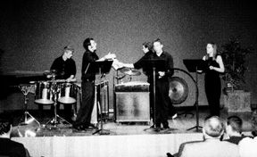 Jim Edmunds (front left) conducted and sang his own composition with Jennifer Bergeron, Trey Davis, and Patrick McKenna. Phto/Faith Lynn