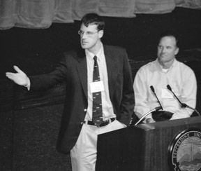 Dr. Simon Jenkins (left) hosted the debate in Smothers Theatre Mar. 18. Photo/Faith Lynn