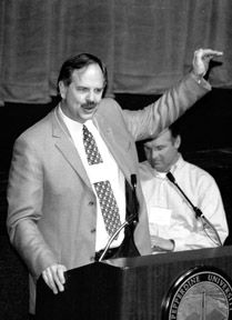 Four-time Olympic gold-medalist John Naber (front) spoke at the lecture. Photo/Faith Lynn