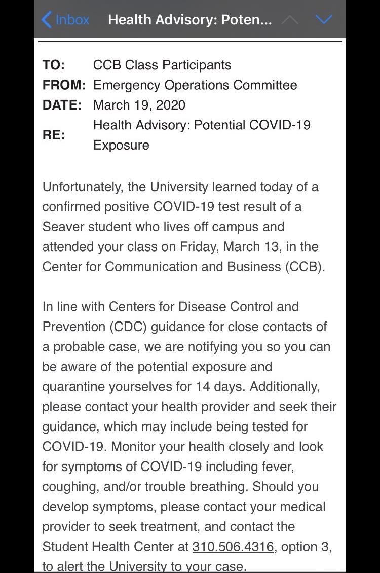 Pepperdine sent this email to students in an unspecified Center for Communications and Business (CCB) class notifying them a Seaver student who tested positive for COVID-19 was in their class.