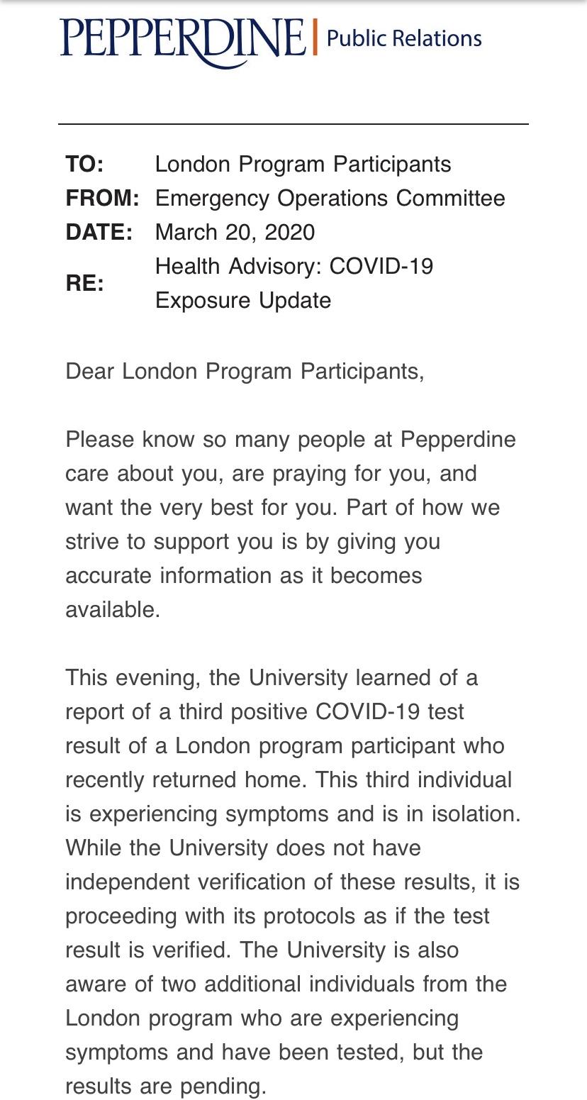 Pepperdine sent this email to London program participants March 20 with news that a third student in the program tested positive for COVID-19.