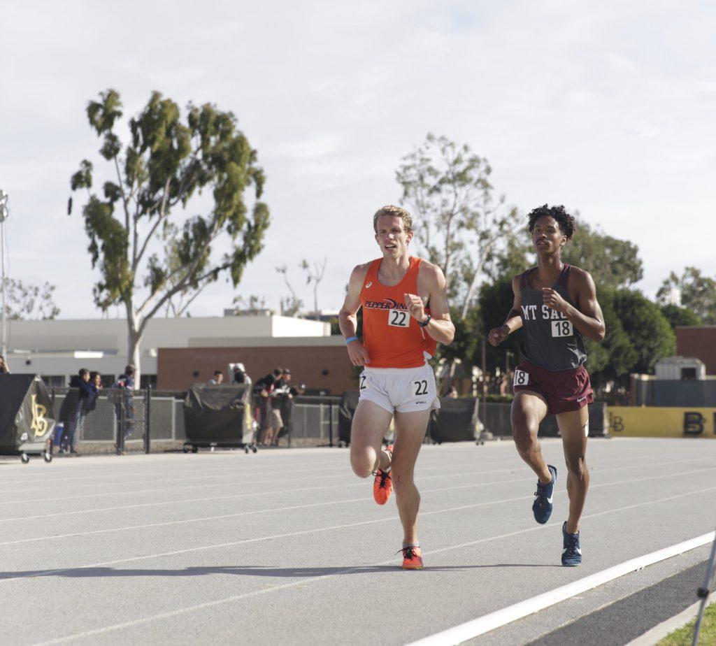 Senior track captain Jalen Frantal finishes strong in a 3,000-meter race March 7, at Long Beach State. The race would be his last in a Waves uniform. Photo courtesy of Lindsay Sanger | Pepperdine Athletics
