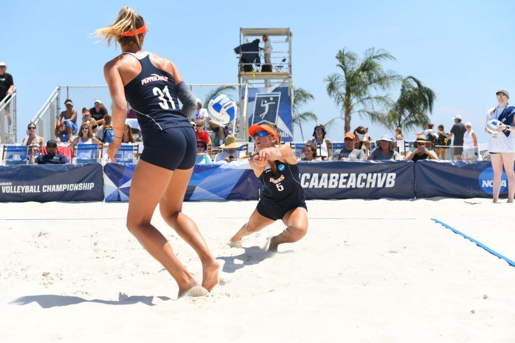 Deahna Kraft (left) and Gigi Hernandez play together at the 2019 NCAA Beach Volleyball Championships in Gulf Shores, Ala. Kraft and Hernandez are both seniors in 2020 and will not get the chance to play for another championship. Photo courtesy of Sarah Otteman | Pepperdine Athletics