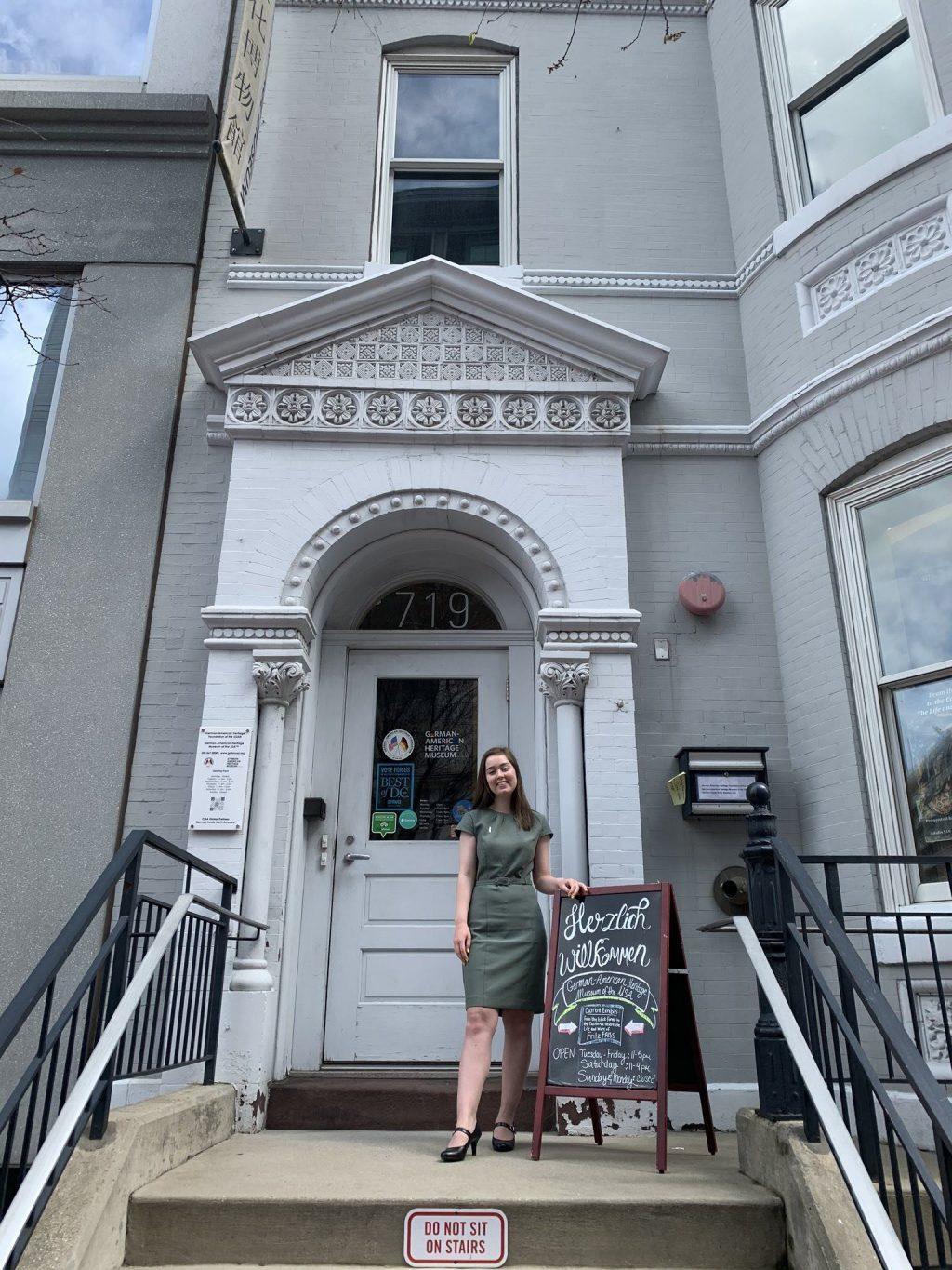 Lauren Whittington stands outside her internship at the German-American Heritage Museum. The museum was small, Whittington said, with only three women working there full time, and the staff carpooled together into work. Photo courtesy of Lauren Whittington