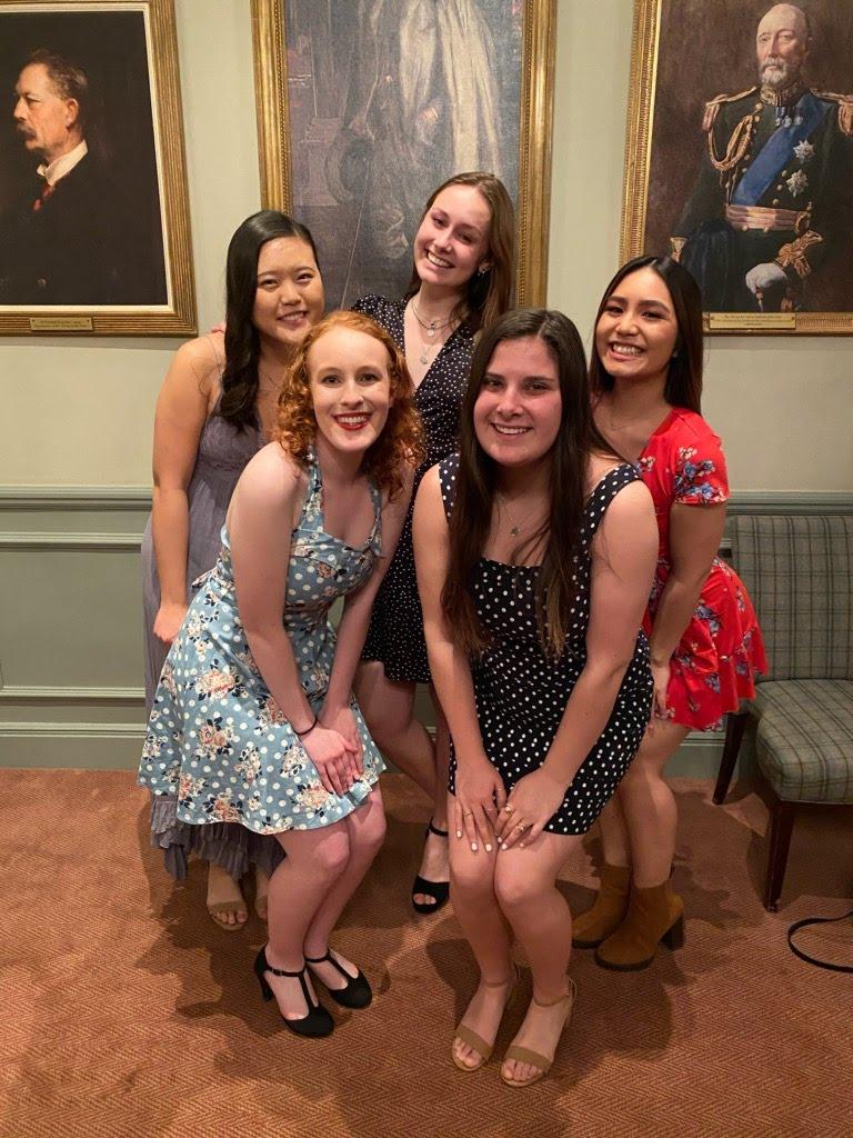 London roommates Rachel Pai, Pari Cribbins, Katherine Le, Jenna Hale and Bryn Sandine pose together one last time at the London program's final banquet. Photo courtesy of Jenna Hale