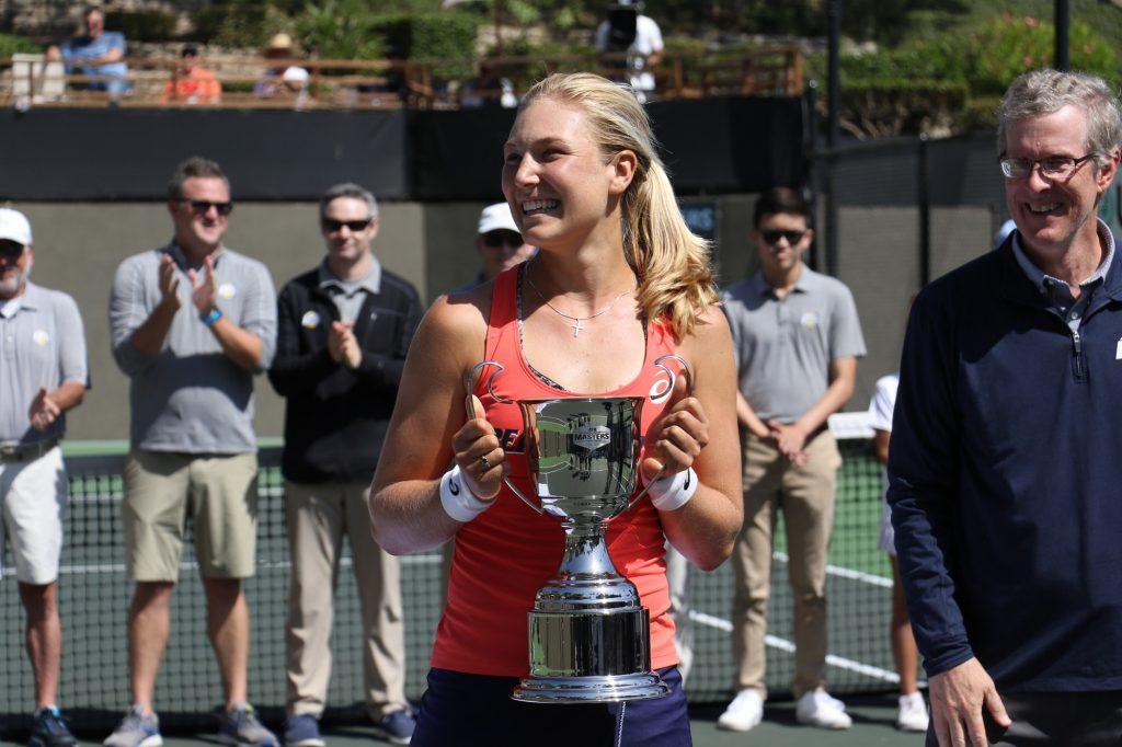 Lahey smiles after winning the Oracle/ITA Masters tournament at Malibu Racquet Club in October 2019. The victory began a string of singles tournament titles for Lahey in an undefeated fall season. Photo courtesy of Ricky Davis | Pepperdine Athletics