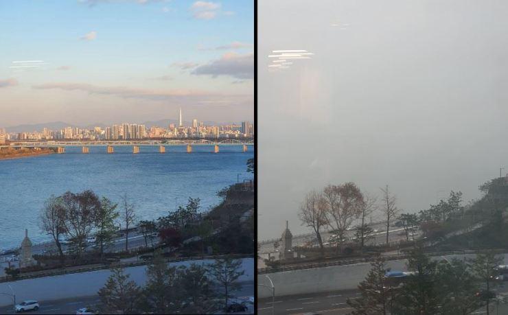 Air pollution in Seoul, South Korea, on a clear day (left) versus a hazardously polluted day (right). Reports estimate that about 50% of Seoul's pollution is particulates that have blown over from industry-heavy China. Photo from The Korean Times