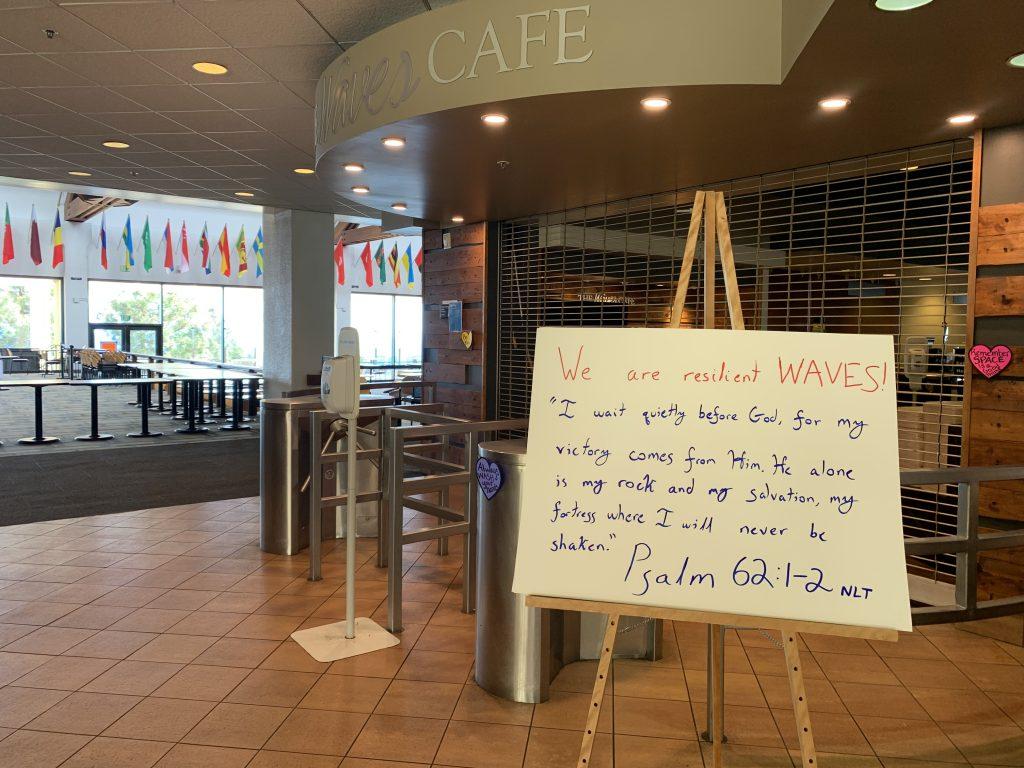 Waves Cafe, affectionately called the "Caf" by Pepperdine students, closed mid-March after Pepperdine transitioned to remote learning. Students were able to eat in a grab-and-go format, but the dining hall has been closed since the transition to online coursework. Photo by Kayiu Wong.