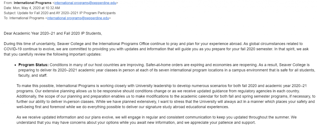 A screenshot of the email from International Programs Director Beth M. Laux sent May 4 to students participating in study abroad for the 2021 academic year or fall 2020.