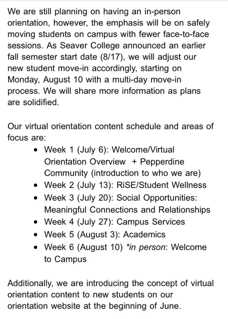 A screenshot of the May 27 email sent to orientation presenters and campus partners outlining the new NSO plan.