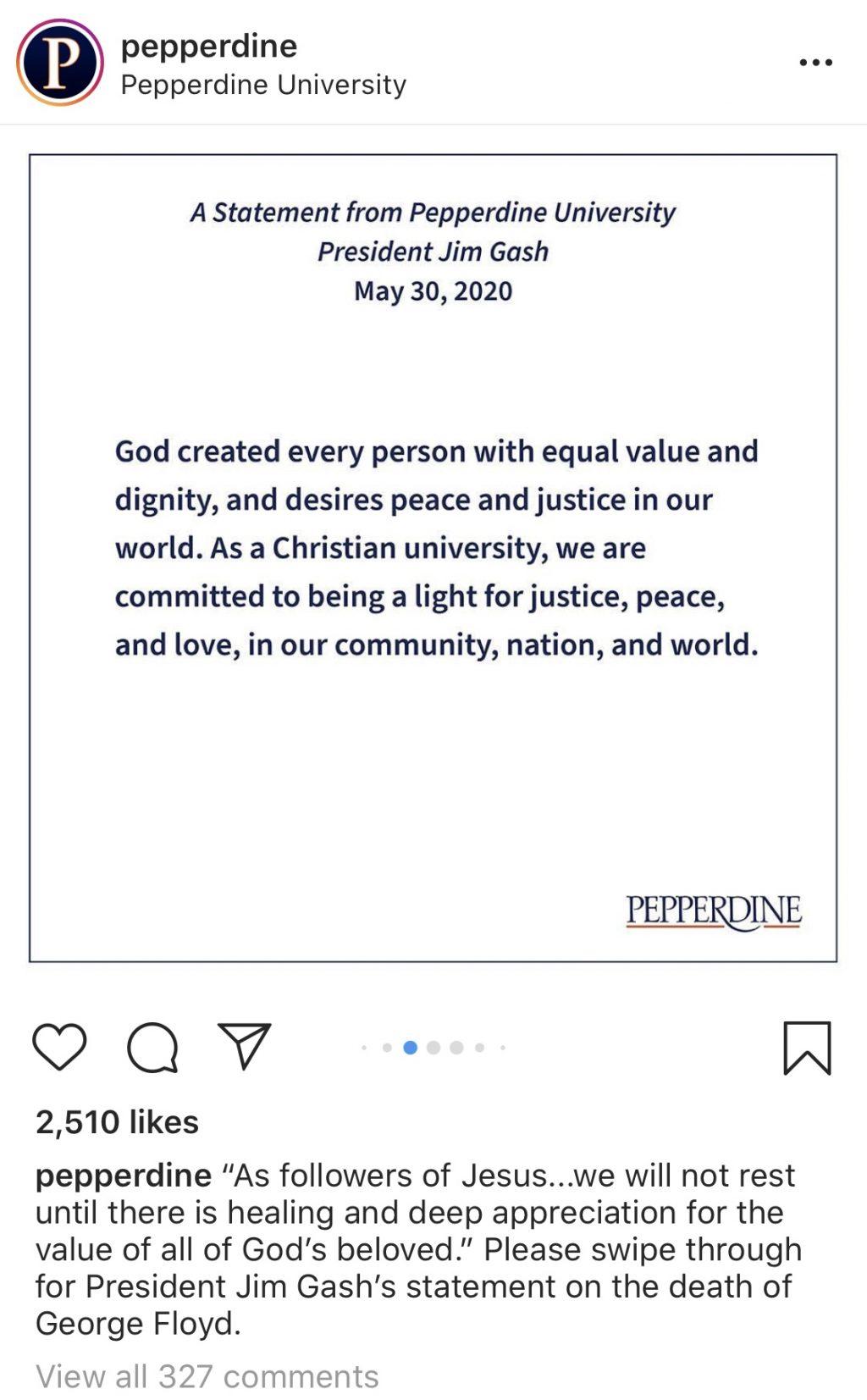 Screenshot of the tweet posted June 1 on the Pepperdine Instagram account.
