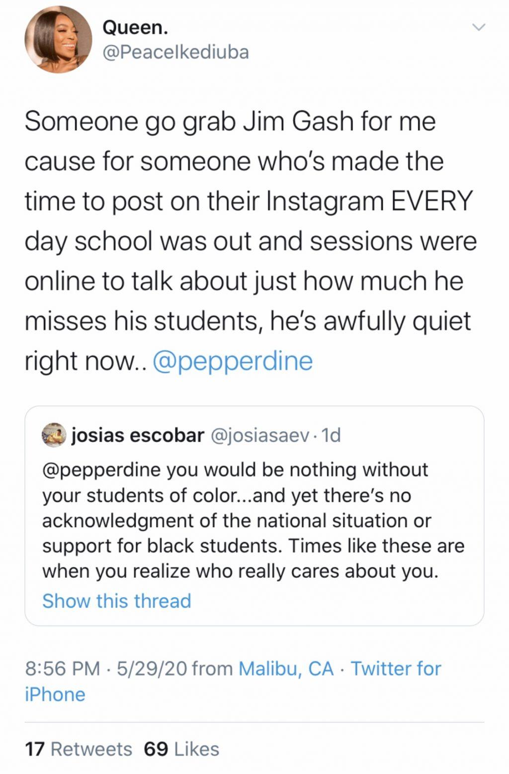 Screenshot of one of the many tweets posted May 29 on Twitter urging Pepperdine and President Jim Gash to speak out about the murder of George Floyd.