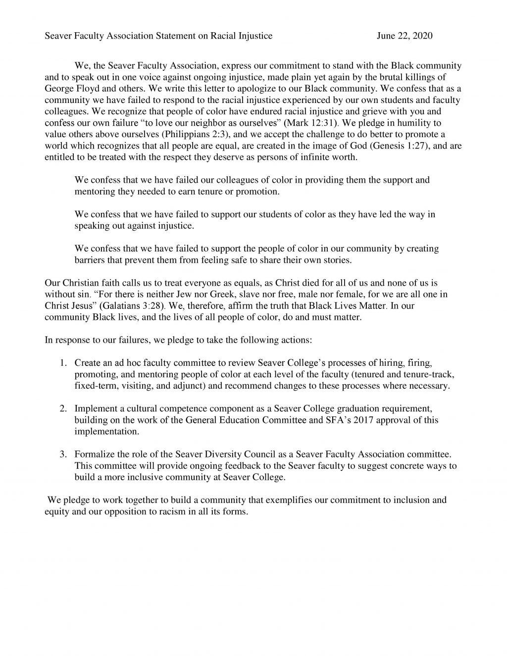 The Seaver Faculty Association's statement on racial injustice and the action the SFA plans to take against racism on campus.