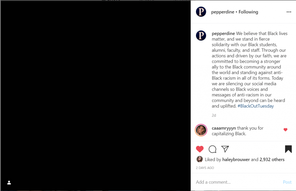 A screenshot of Pepperdine's June 2 Instagram post.