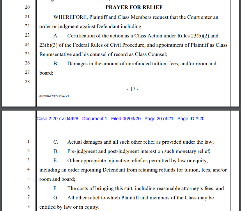 A screenshot of the lawsuit on ClassAction.org, detailing what Pepperdine graduate parent Joseph Pinzon seeks in damages.