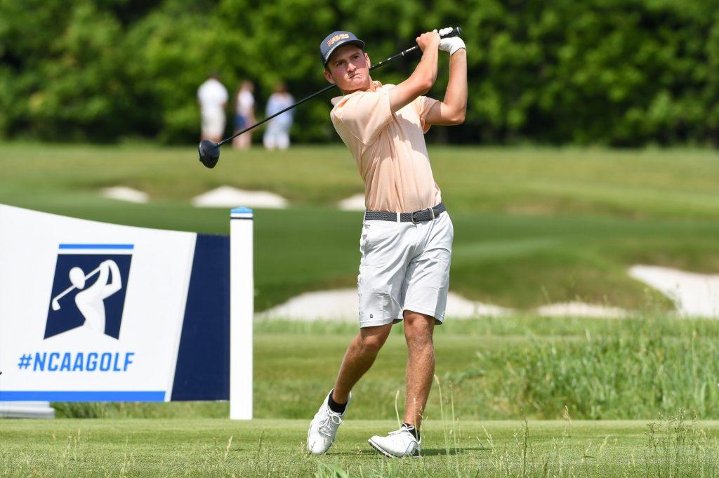 Right-handed golfer Clay Feagler tees off at the 2019 NCAA Men's Golf Championship in Fayetteville, Arkansas. File photo