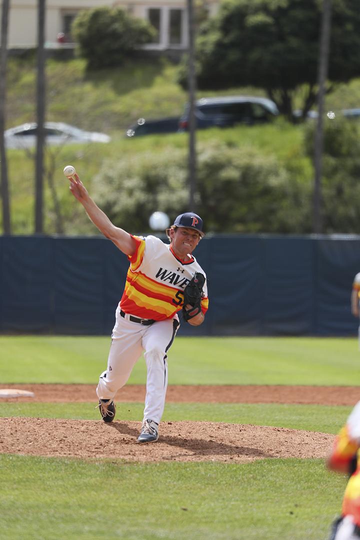 Right-handed pitcher Trevor Franklin deals a fastball at Eddy D. Field Stadium. Photo courtesy of Pepperdine Athletics